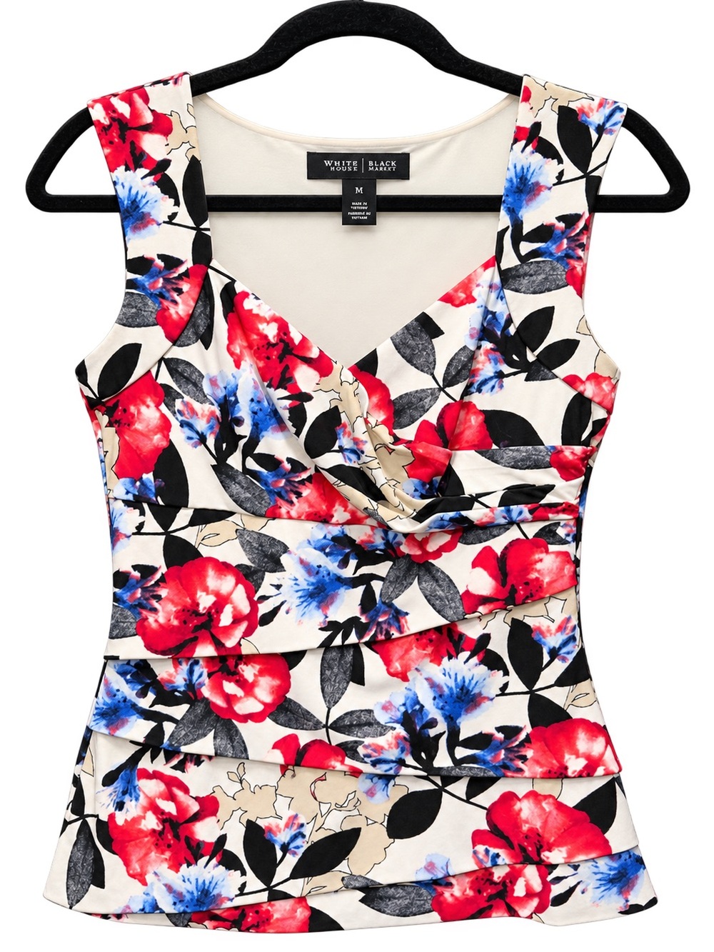 White House Black Market Red, Blue and Black Floral V-Neck Sleeveless Top